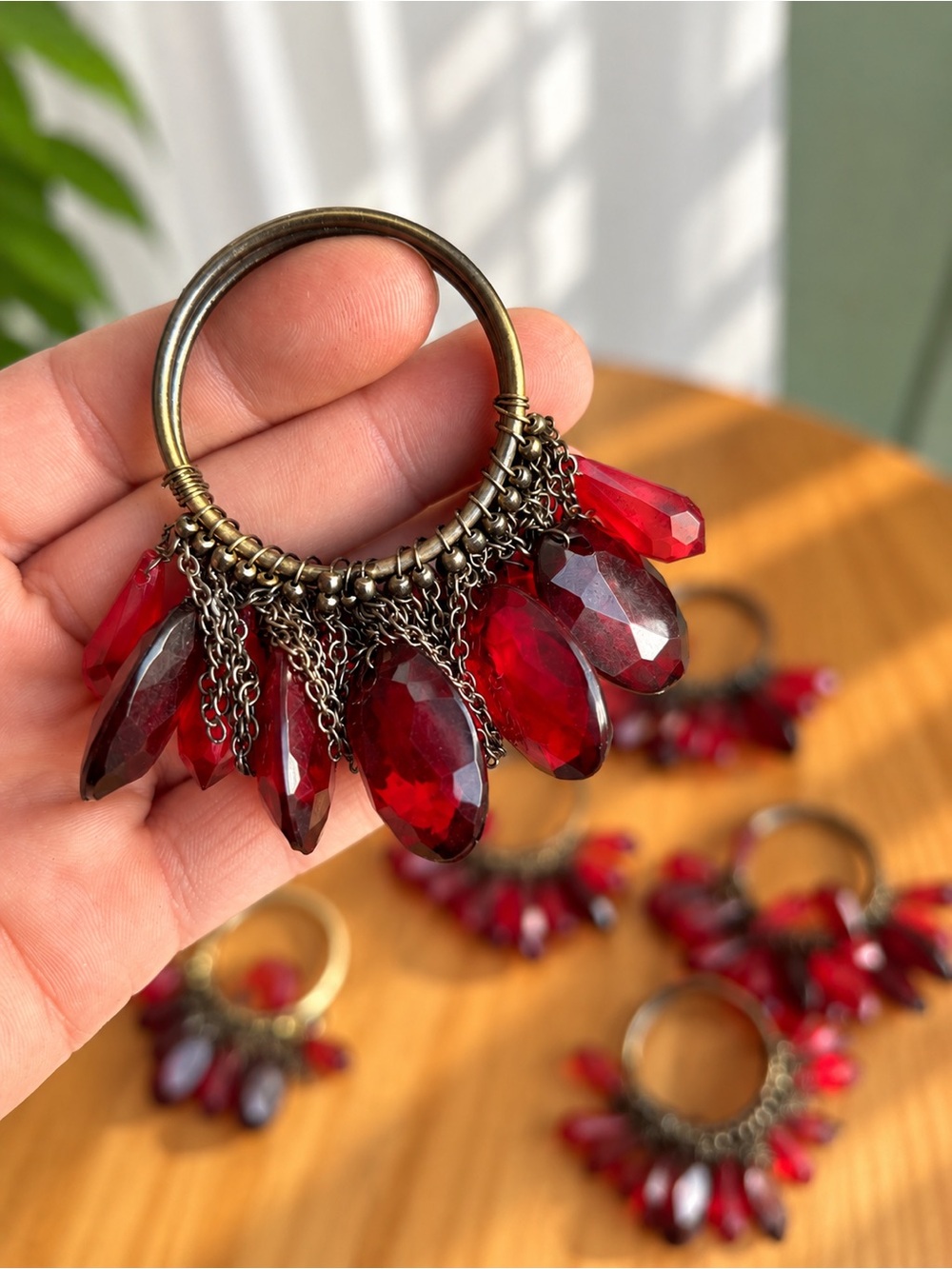 Vintage Set 7 Red Crystal Beaded Napkin Rings Boho Jeweled Tassel Holiday